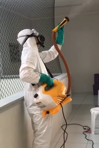 Profissional aplicando produto próximo à janela