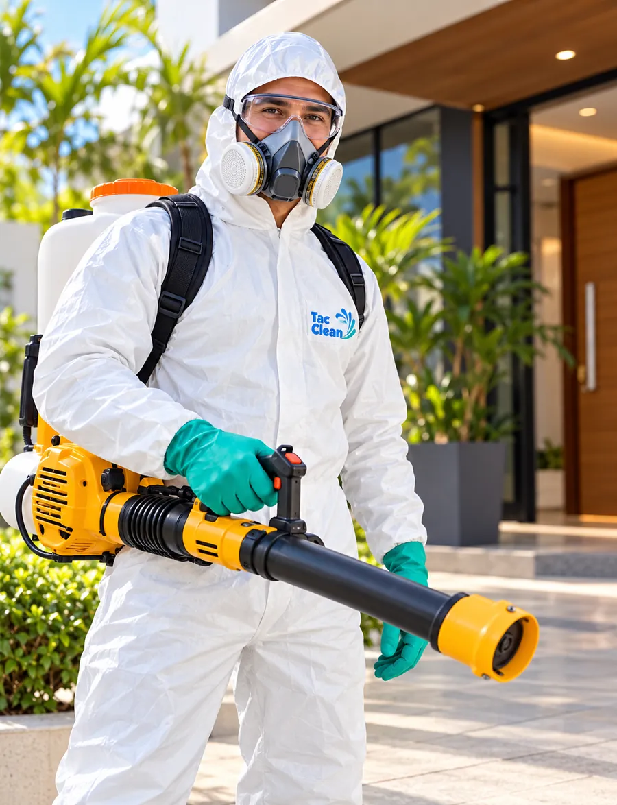 Técnico da Tac Clean com equipamento de proteção e pulverização